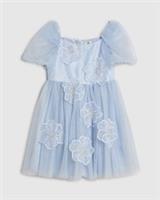River Island Girls Dress Blue Puff Sleeve Floral Embroidery Tulle Skirt Zip