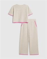 River Island Girls T-Shirt & Pants Set Beige Whipstitch 2 Piece Short Sleeve