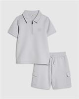 River Island Boys Polo Shirt & Shorts Set Blue Luminis Badge 2 Piece Collared