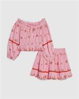 River Island Girls Top & Skirt Set Pink Embroidered Mirror 2 Piece Long Sleeve