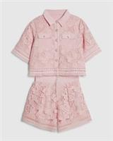 River Island Girls Blouse & Shorts Set Pink Lace 2 Piece Long Sleeve Collared