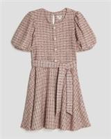 River Island Girls Dress Pink Boucle Belted Check Short Sleeve Crew Neck Button