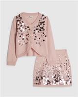 River Island Girls Cardigan & Skirt Set Pink Sequin 2 Piece Long Sleeve