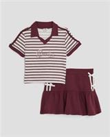 River Island Girls Polo Top & Skirt Set Red Stripe 2 Piece Short Sleeve Collared