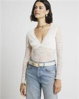 River Island Womens Bodysuit White Plunge V-Neck Lace Long Sleeve Outfit - 18 Regular