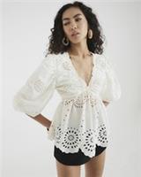 River Island Womens Blouse Cream Mid Sleeve Broderie V-Neck Cut Out Back Top - 6 Regular