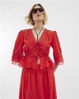 River Island Womens Blouse Red Long Sleeve Cutwork V-Neck Netting Trim Top - 10 Regular