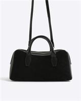 River Island Womens Bowler Bag Black Faux Suede Curved Top Zip Grab Handles