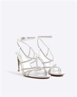 River Island Womens Sandals Silver Diamante Strap Heeled Buckle Open Toe Shoes