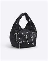 River Island Womens Grab Bag Black Satin Diamante Bow Popper Grab Top Handle