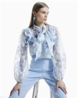 River Island Womens Shirt Blue Floral Print Tie Neck Embroidered Long Sleeve Top - 12 Regular