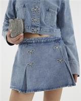 River Island Womens Skort Blue Denim Diamante Bow Button Pleated Zip Bottom - 16 Regular