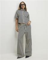River Island Womens Wide Leg Jeans White Striped Drawstring Trousers Pants - 12 Regular Regular