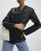 River Island Womens Blazer Black Faux Leather Collarless Buttoned Outerwear Top - 14 Regular