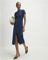 River Island Womens Midi Dress Blue Denim Button Short Cap Sleeve Crew Neck - 8 Regular