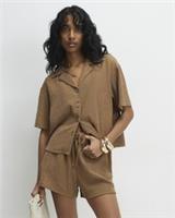 River Island Womens Shirt Beige Short Sleeve Textured Button Collared Top - M Regular