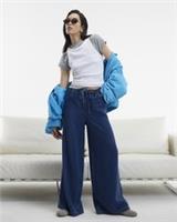 River Island Womens Wide Leg Jeans Blue High Waisted Drawstring Trousers Pants - 8 Long Regular