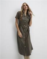 River Island Womens Shirt Midi Dress Khaki Faux Leather Collared Short Sleeve - 14 Regular