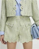 River Island Womens Shorts Green Boucle Scallop Zip Decorative Pockets Bottoms - 12 Regular
