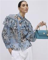River Island Womens Blouse Blue Floral Print Ruffle Detail Tie Neck Button Top - 6 Regular