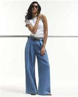 River Island Womens Wide Leg Jeans Blue Belted Pleated Trousers Pants Bottoms - 14 Regular Regular