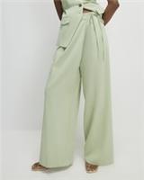 River Island Womens Wide Leg Trousers Green Wrap Detail Pleated Pants Bottoms - 12 Regular