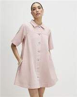 River Island Womens Mini Dress Pink Button Denim Short Sleeve Round Neck - 10 Regular