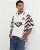 River Island Mens Polo Shirt White Oversized Check Print Collar Short Sleeve Top - L Regular