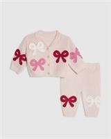 River Island Baby Girls Cardigan & Bottoms Set Pink 3D Bow 2 Piece Long Sleeve