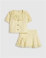 River Island Girls Shirt & Skirt Set Yellow Floral Pearl 2 Piece Short Sleeve
