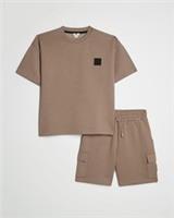 River Island Boys T-Shirt & Shorts Set Brown Luminis Badge 2 Piece Crew Neck