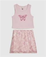 River Island Girls Tank Top & Skirt Set Pink Butterfly 2 Piece Square Neck