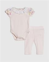 River Island Baby Girls Bodysuit & Pants Set Pink Rosette 2 Piece Crew Neck