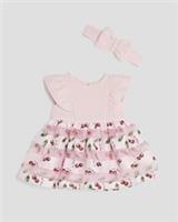 River Island Baby Girls Dress & Headband Set Pink Cherry Bubble Hem Crew Neck