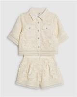 River Island Girls Blouse & Shorts Set Cream Lace 2 Piece Long Sleeve Collared
