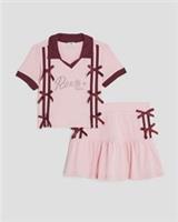 River Island Girls Polo Top & Skirt Set Pink Bow 2 Piece Short Sleeve Collared