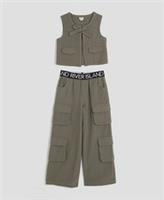 River Island Girls Gilet & Cargo Pants Set Khaki RI Waistband 2 Piece Sleeveless
