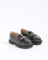 River Island Girls Loafers Black Patent Flower Chain Padded Round Toe Shoes