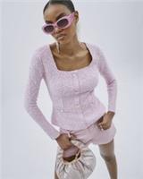 River Island Womens Top Pink Long Sleeve Boucle Button Knit Square Neck Blouse - 6 Regular