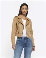 River Island Womens Jacket Biker Brown Faux Suede Collared Zip Outerwear Top - 18 Regular