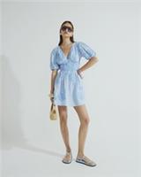 River Island Womens Mini Shift Dress Blue Puff Sleeve Embroidered V-Neck - 10 Regular