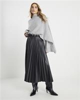 River Island Womens Midi Skirt Black Faux Leather Belted Pleated Zip Bottom - 14 Regular