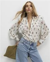 River Island Womens Blouse Cream Floral Ruffle Detail Button Mandarin Collar Top - 16 Regular