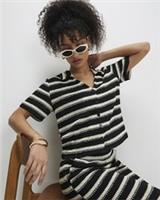River Island Womens Shirt Black Short Sleeve Striped Crochet Collared Top - S Regular