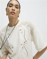 River Island Womens T-Shirt Cream Short Sleeve Palm Broderie T Shirt Tee Top - S Regular