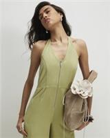 River Island Womens Jumpsuit Green Halter Neck Denim Backless Zip Outfit - L Regular