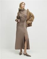 River Island Womens Maxi Dress Beige Short Sleeve High Neck Gathered Drape - M Regular