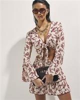 River Island Womens Top & Skirt Set Cream Coral Print Tie 2 Piece Long Sleeve - S Regular