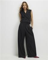 River Island Womens Wide Leg Trousers Black Pinstripe Zip Pleated Pants Bottoms - 6 Regular