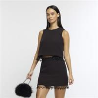 River Island Womens Mini Skirt Black Beaded Fringe Zip up Casual Bottom - 6 Regular